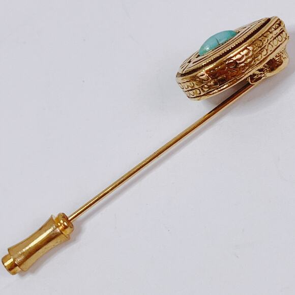 VTG 1970s Gold Tone Stick Pin With Turquoise Glass Cabochon Mid Century Revival - Picture 5 of 10